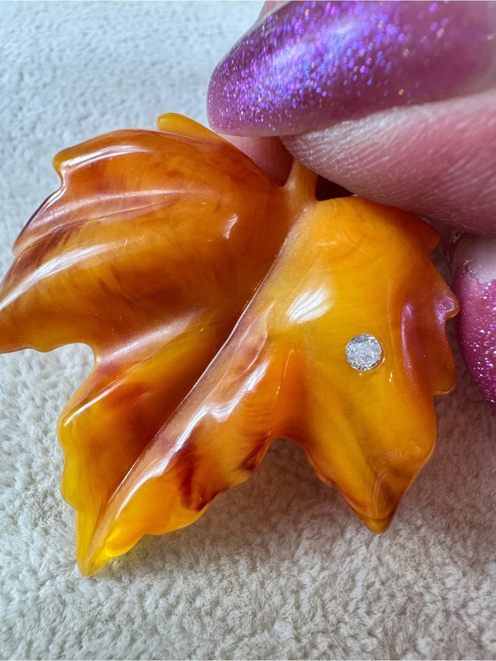Avon 60’s Amber Lucite Leaf Sculpture with Faceted Detail
